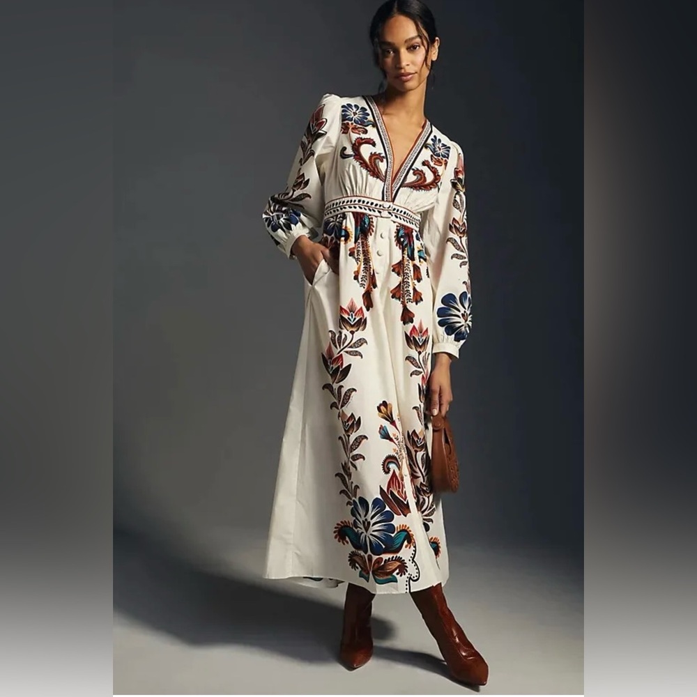 Farm Rio x Anthropologie Ivory Floral Maxi Dress, Sz S
